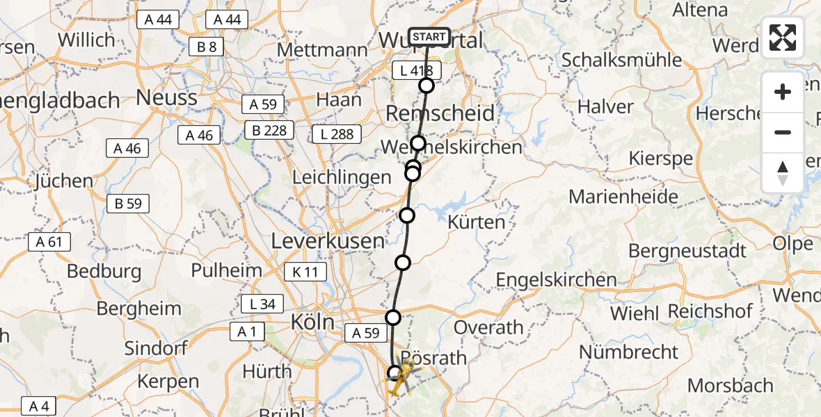 Flugroute Rettungshubschrauber Wuppertal - Köln Bonn Flughafen, 17 Mai 2026, 12:02
