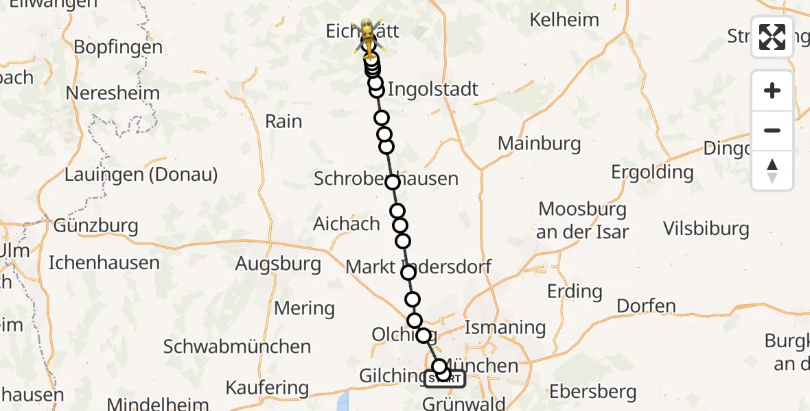 Flugroute Rettungshubschrauber DRF Air Rescue München Hubschrauberlandeplatz - Eichstätt, 17 Mai 2026, 12:02
