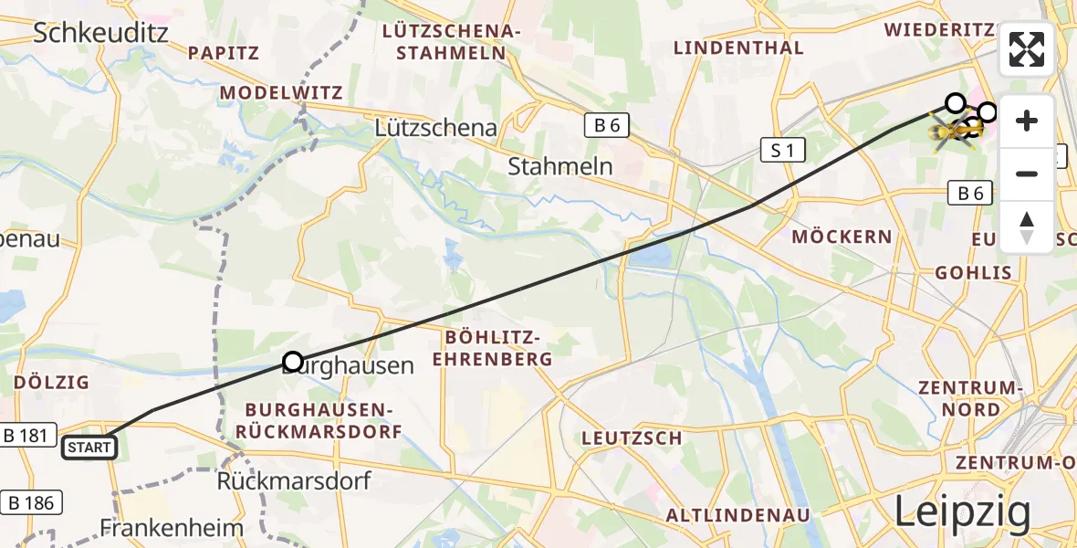 Flugroute Rettungshubschrauber Schkeuditz - Sankt Georg Hospital Leipzig Reserve, 17 Mai 2026, 12:05