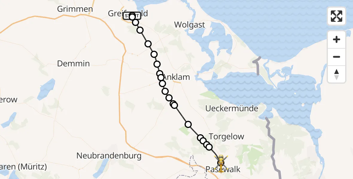 Flugroute Rettungshubschrauber Greifswald Hospital - Pasewalk, 17 Mai 2026, 12:06