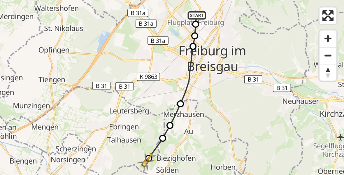 Flugroute Rettungshubschrauber Freiburg im Breisgau Flugplatz - Ebringen, 17 Mai 2026, 12:06