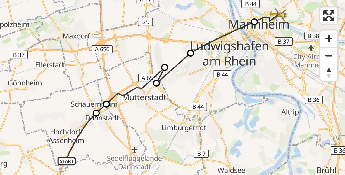 Flugroute Rettungshubschrauber Hochdorf-Assenheim - Mannheim, 17 Mai 2026, 12:11