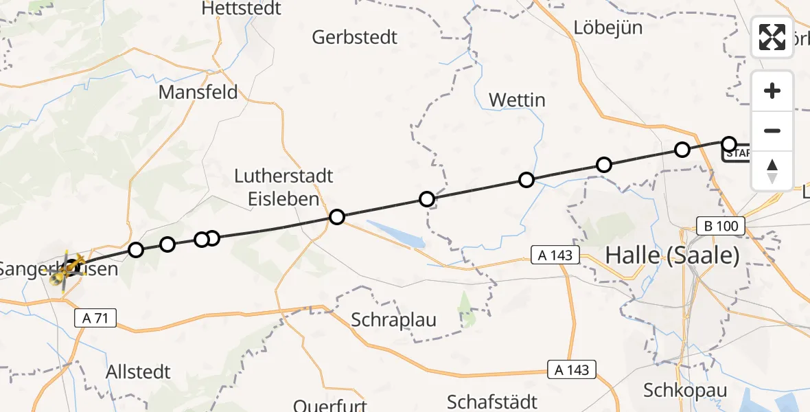 Flugroute Rettungshubschrauber Halle-Oppin Flugplatz - Helios Clinic Mansfeld-Südharz, 17 Mai 2026, 12:15