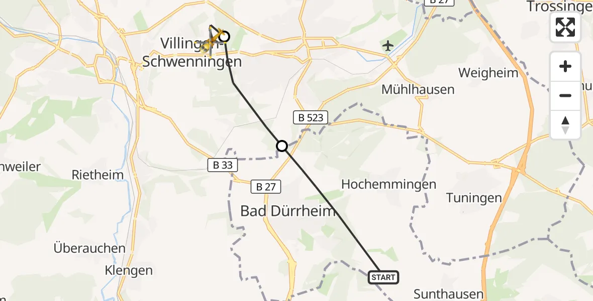 Flugroute Rettungshubschrauber Bad Dürrheim - DRF Air Rescue Station Villingen-Schwenningen Hubschrauberlandeplatz (Christoph 11), 17 Mai 2026, 12:28