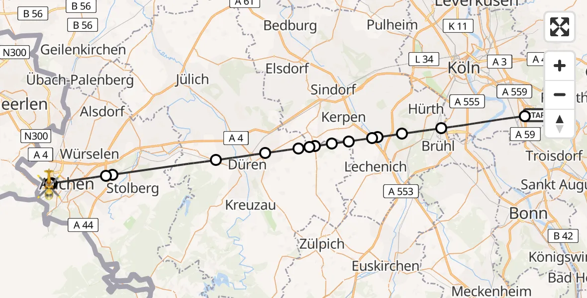 Flugroute Rettungshubschrauber Köln Bonn Flughafen - Aachen Hospital, 17 Mai 2026, 12:35