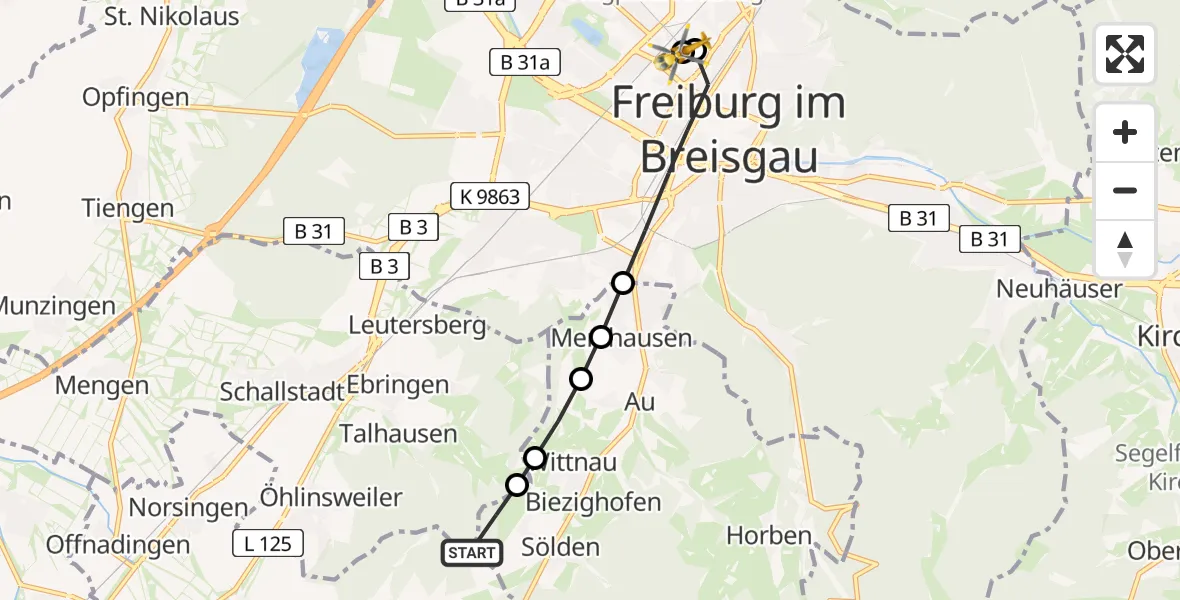 Flugroute Rettungshubschrauber Sölden - Freiburg University Hospital Heliport 1, 17 Mai 2026, 12:38