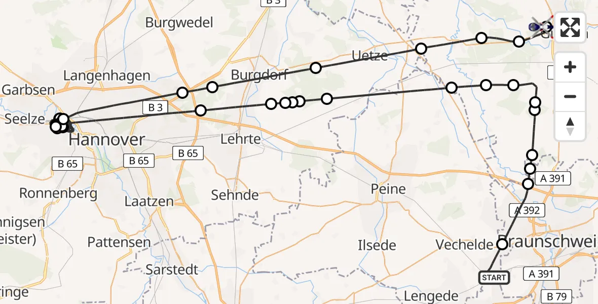 Flugroute Polizeihubschrauber Vechelde - Gifhorn Bundespolizei Hubschrauberlandeplatz, 17 Mai 2026, 12:39