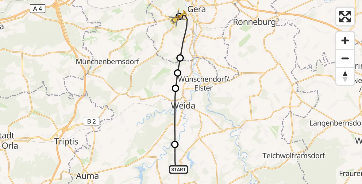 Flugroute Rettungshubschrauber Hohenleuben - SRH Wald-Klinikum Gera Hospital, 17 Mai 2026, 12:40