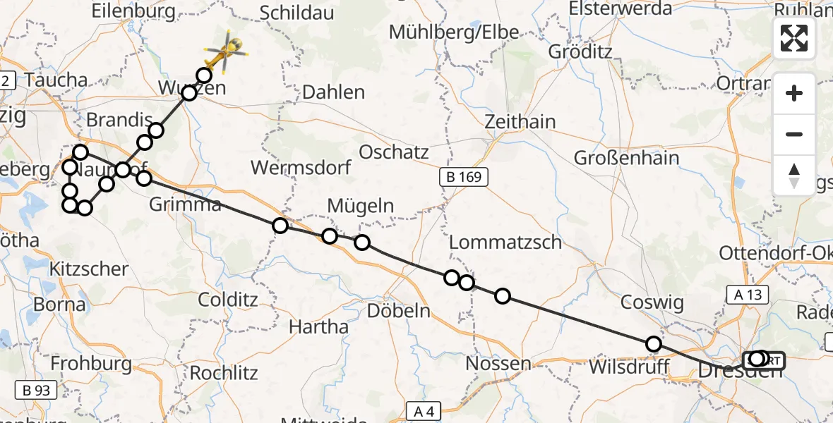 Flugroute Rettungshubschrauber Dresden University Hospital - Lossatal, 17 Mai 2026, 12:45