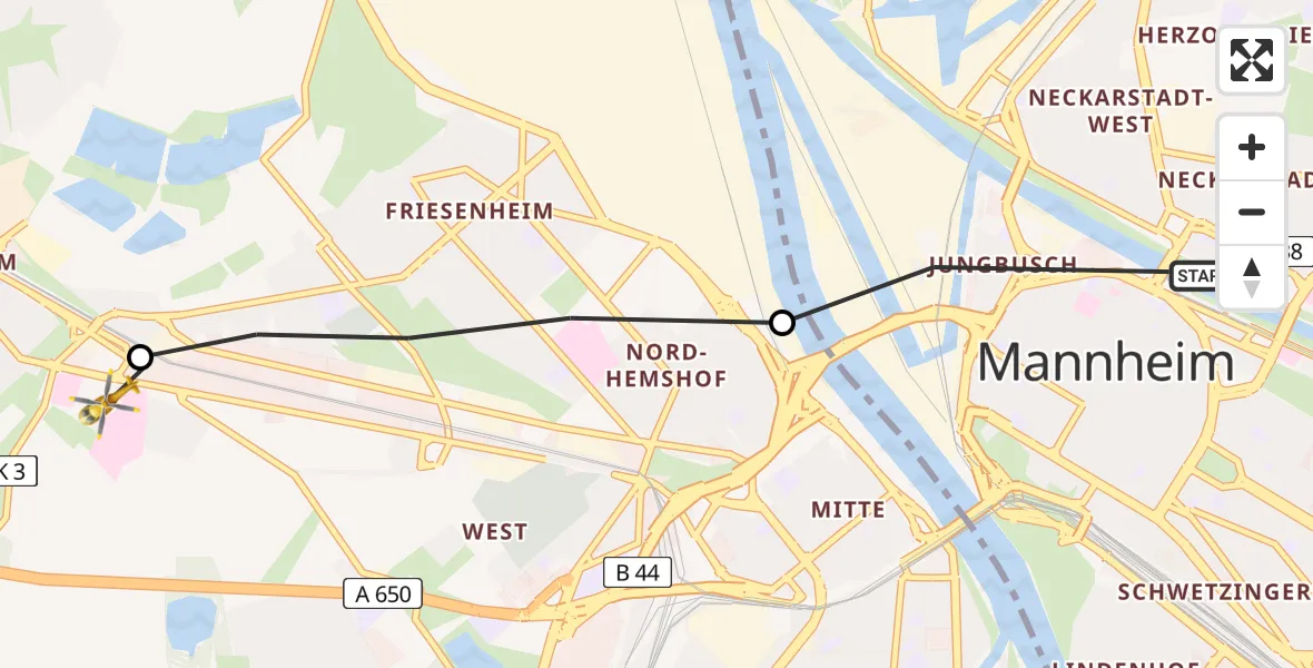Flugroute Rettungshubschrauber Mannheim - Ludwigshafen Accident Hospital, 17 Mai 2026, 12:47
