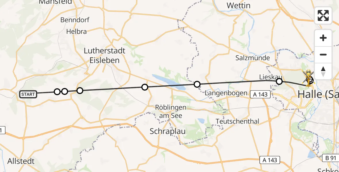 Flugroute Rettungshubschrauber Allstedt - Halle (Saale) University Hospital, 17 Mai 2026, 12:55