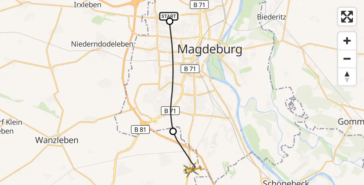 Flugroute Rettungshubschrauber Magdeburg Hospital - Sülzetal, 17 Mai 2026, 12:57