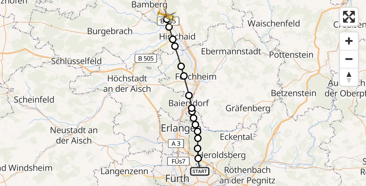 Flugroute Ambulanzhubschrauber Flughafen Nuremberg - Bamberg, 17 Mai 2026, 13:03