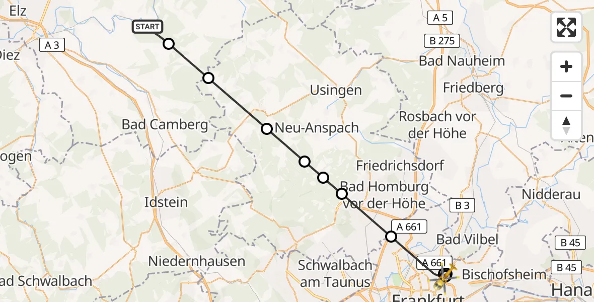 Flugroute Rettungshubschrauber Villmar - Frankfurt am Main Accident Hospital Roof, 17 Mai 2026, 13:07