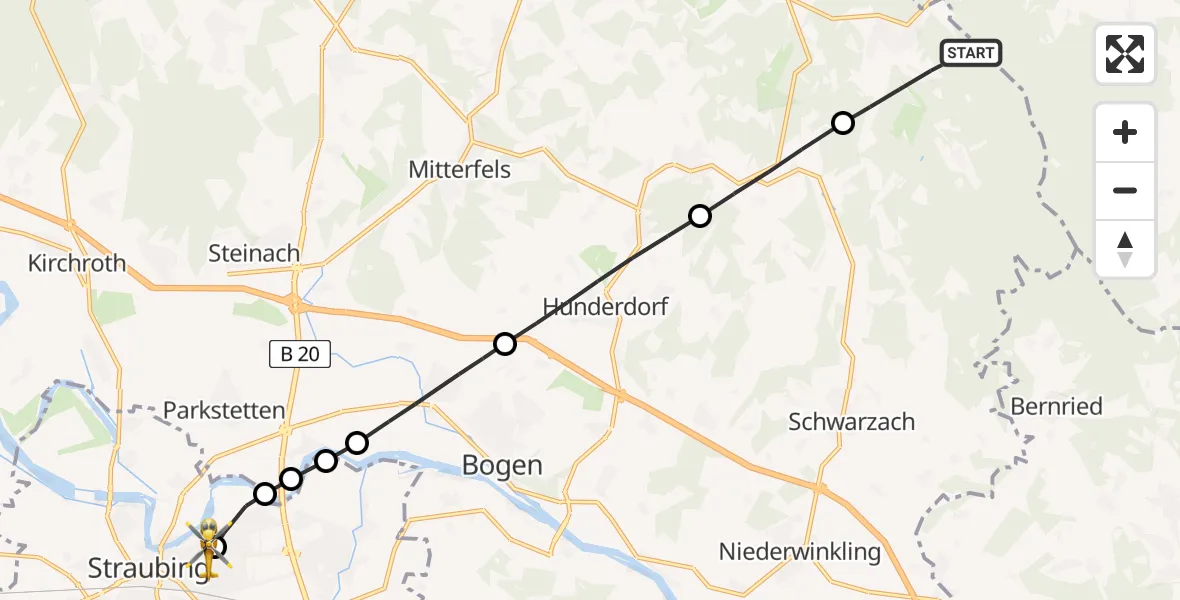 Flugroute Rettungshubschrauber Sankt Englmar - Sankt Elisabeth Hospital Straubing, 17 Mai 2026, 13:14