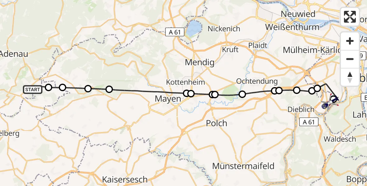 Flugroute Polizeihubschrauber Meuspath - Koblenz-Winningen Flugplatz, 17 Mai 2026, 13:19