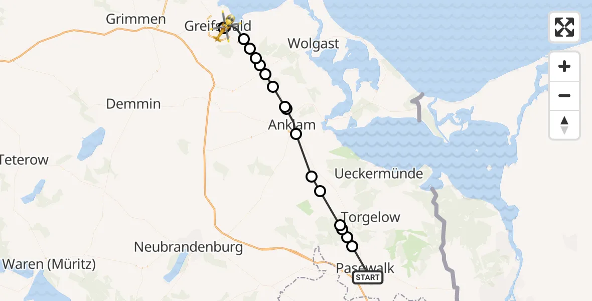 Flugroute Rettungshubschrauber Pasewalk - Greifswald Hospital, 17 Mai 2026, 13:22
