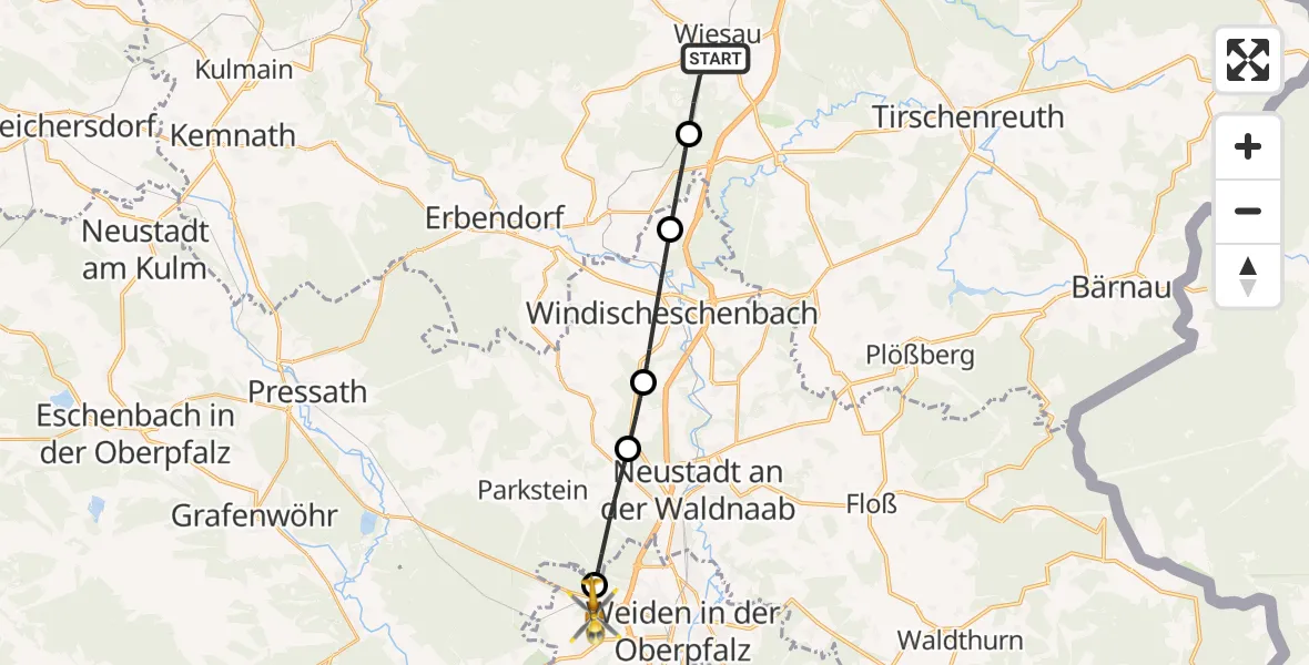 Flugroute Rettungshubschrauber Wiesau - Weiden i.d.OPf., 17 Mai 2026, 13:23