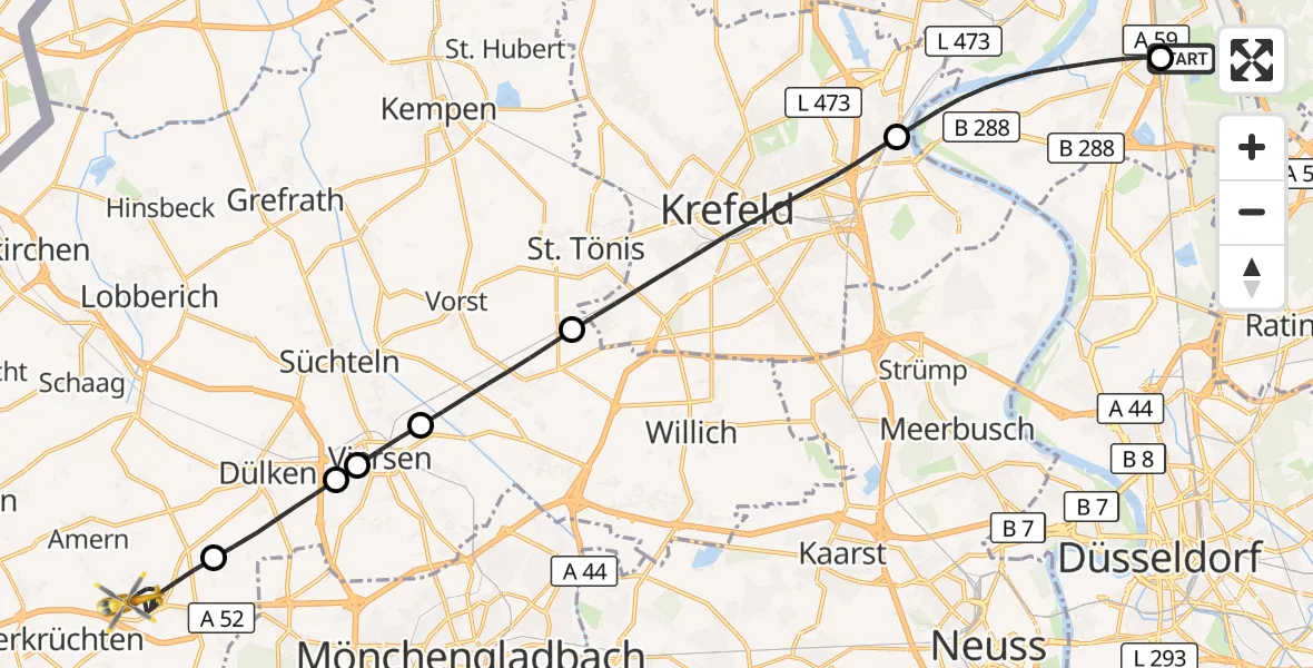 Flugroute Rettungshubschrauber Duisburg Air Rescue Hubschrauberlandeplatz (Christoph 9) - Schwalmtal, 17 Mai 2026, 13:24