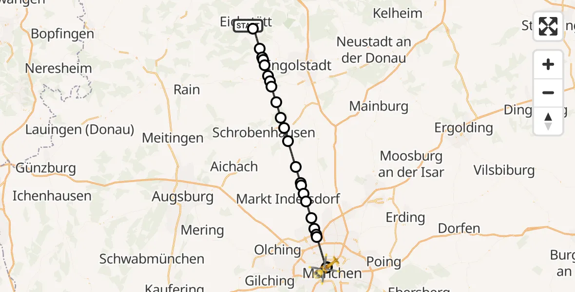 Flugroute Rettungshubschrauber Eichstätt - Deutsches Herzzentrum München, 17 Mai 2026, 13:24