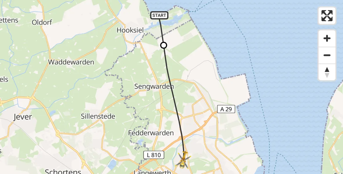 Flugroute Rettungshubschrauber Wangerland - Wilhelmshaven, 17 Mai 2026, 13:25