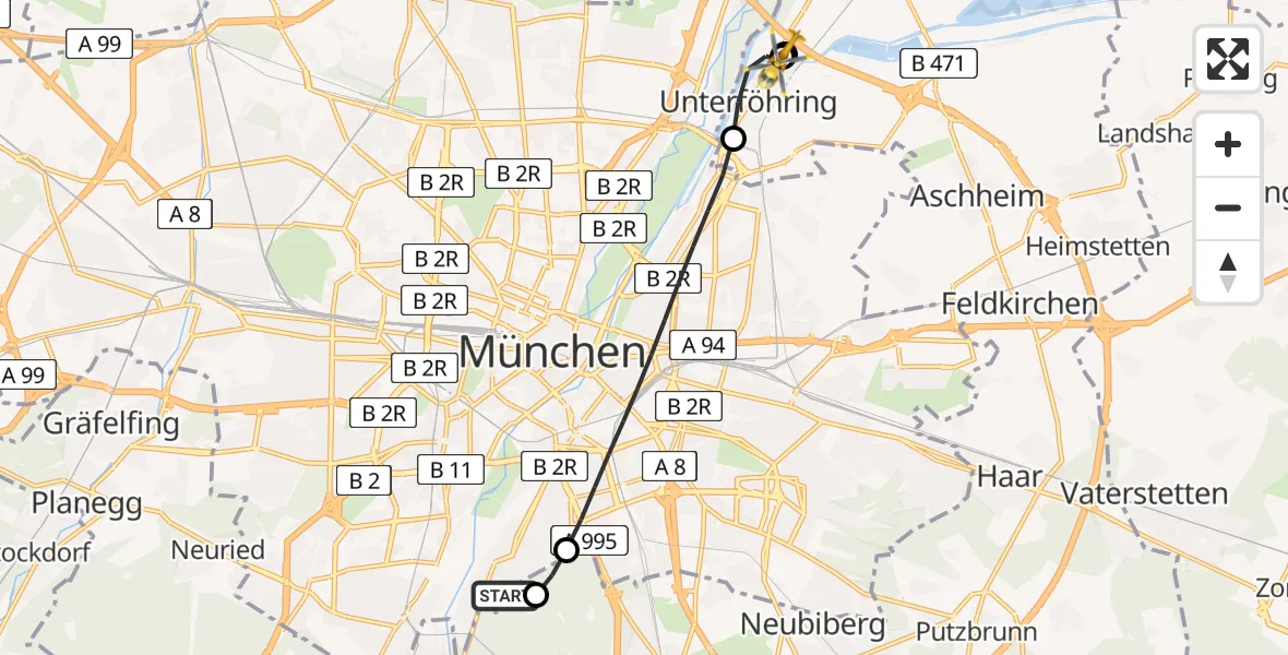 Flugroute Rettungshubschrauber ADAC Air Rescue Center Hubschrauberlandeplatz (Christoph 1) - Unterföhring, 17 Mai 2026, 13:26
