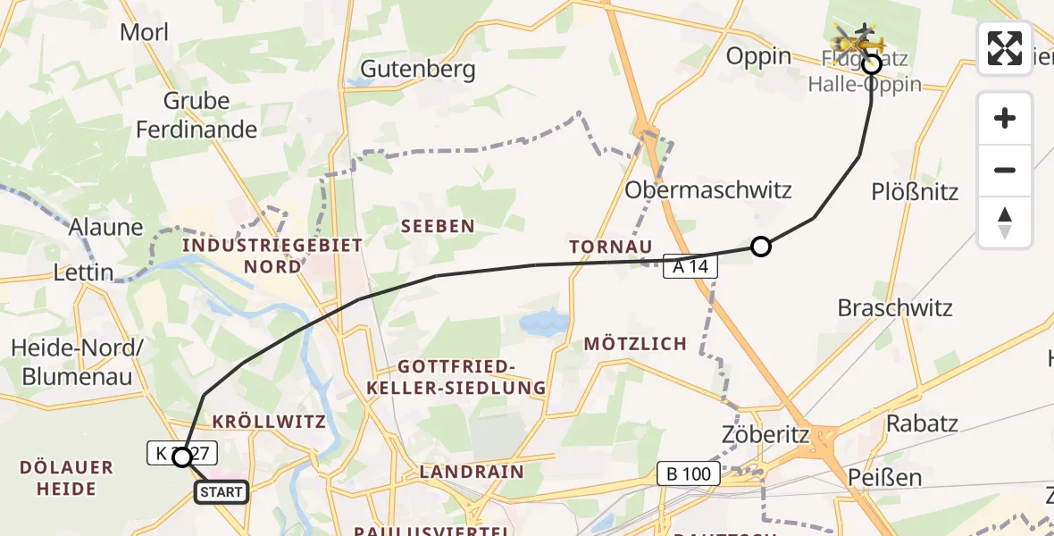 Flugroute Rettungshubschrauber Halle (Saale) University Hospital - Halle-Oppin Flugplatz, 17 Mai 2026, 13:33
