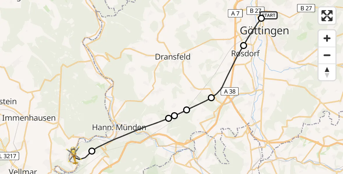 Flugroute Rettungshubschrauber Göttingen University Clinic Hubschrauberlandeplatz - Staufenberg, 17 Mai 2026, 13:38