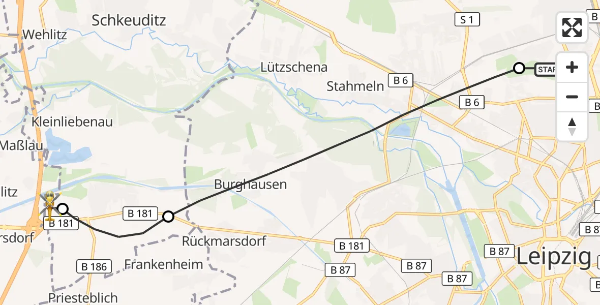 Flugroute Rettungshubschrauber Sankt Georg Hospital Leipzig Reserve - ADAC Air Rescue Station Leipzig/Schkeuditz-Dölzig Hubschrauberlandeplatz (Christoph 61), 17 Mai 2026, 13:41