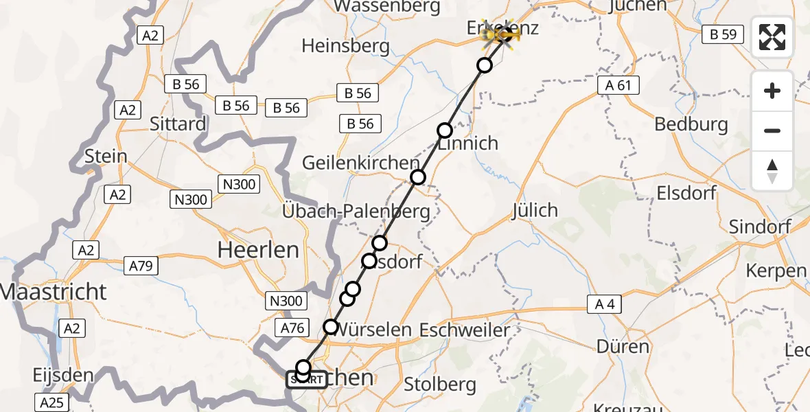Flugroute Rettungshubschrauber Aachen Hospital - Hermann-Josef Hospital Erkelenz, 17 Mai 2026, 13:46