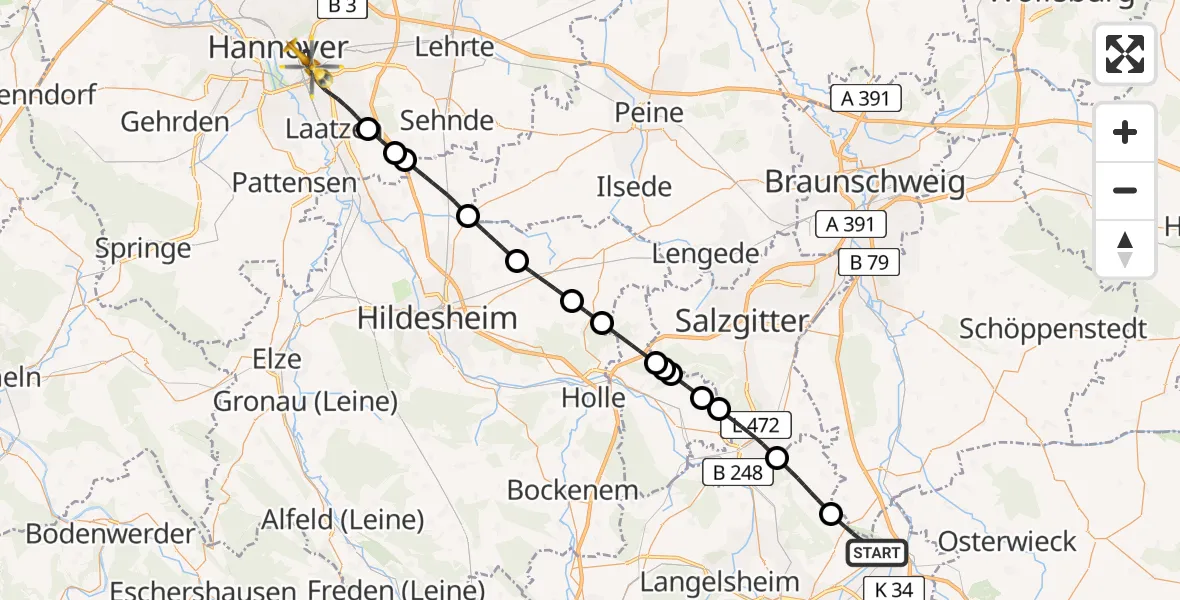 Flugroute Rettungshubschrauber Goslar - Hannover, 17 Mai 2026, 13:46