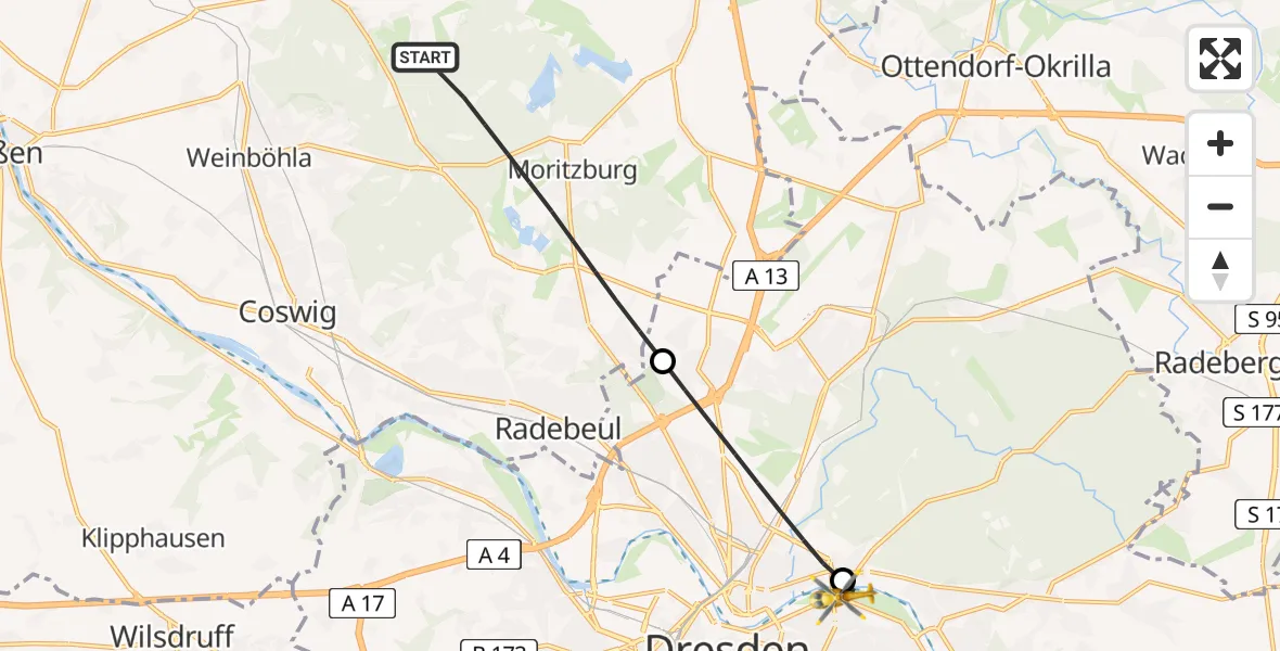 Flugroute Rettungshubschrauber Moritzburg - Dresden Elbwiesen Hubschrauberlandeplatz, 17 Mai 2026, 13:50