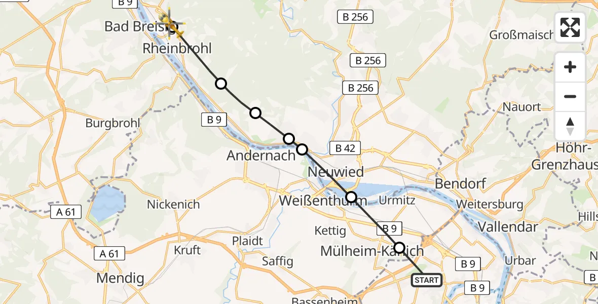 Flugroute Rettungshubschrauber Koblenz - Rheinbrohl, 17 Mai 2026, 13:55