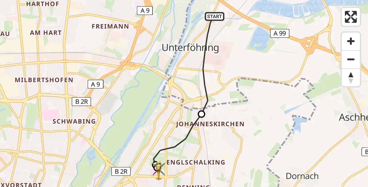 Flugroute Rettungshubschrauber Unterföhring - München Bogenhausen Hospital, 17 Mai 2026, 14:01