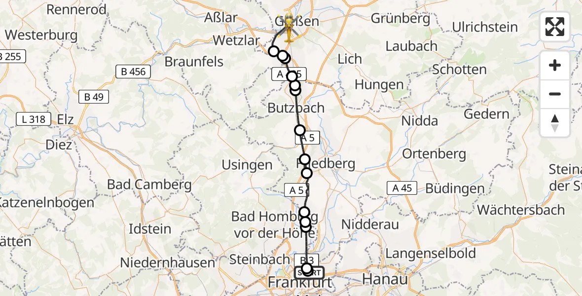 Flugroute Rettungshubschrauber Frankfurt am Main Accident Hospital Roof - Gießen, 17 Mai 2026, 14:02