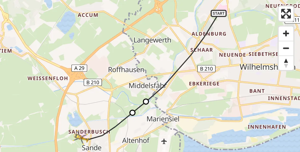 Flugroute Rettungshubschrauber Wilhelmshaven - Sande, 17 Mai 2026, 14:03