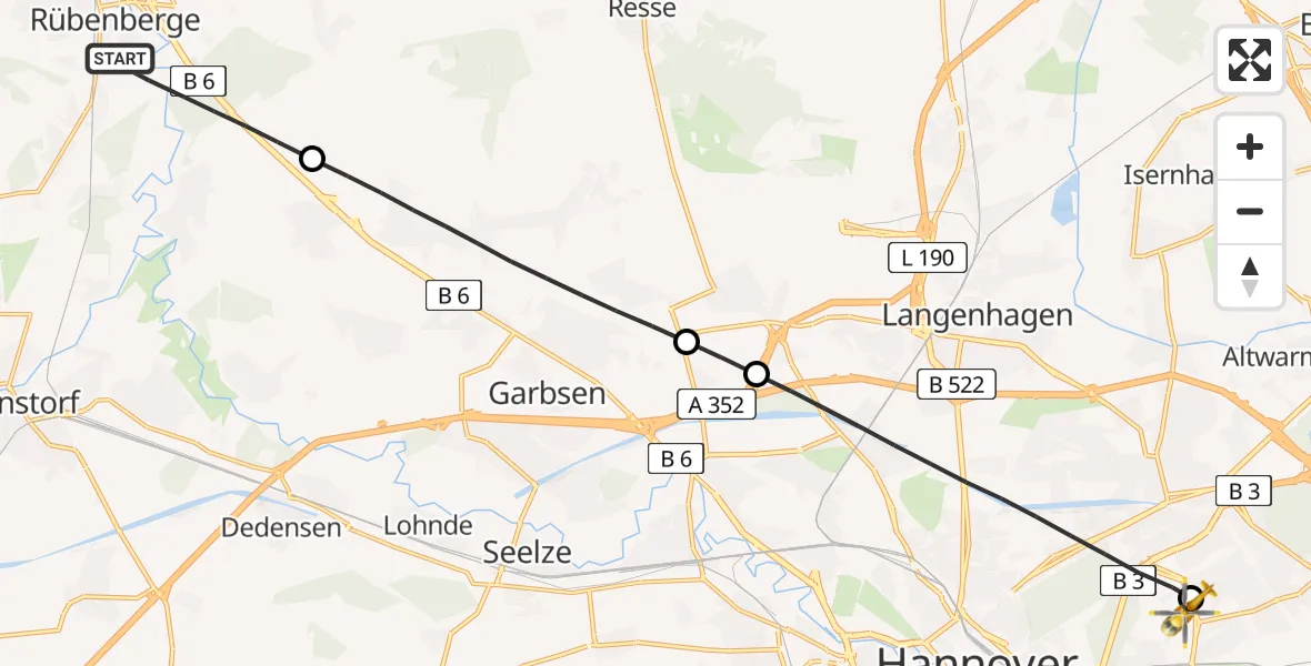 Flugroute Rettungshubschrauber Neustadt am Rübenberge - Hannover Luftrettung Hubschrauberlandeplatz (Christoph 4), 17 Mai 2026, 14:06