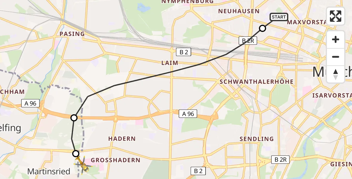 Flugroute Rettungshubschrauber Deutsches Herzzentrum München - DRF Air Rescue München Hubschrauberlandeplatz, 17 Mai 2026, 14:10