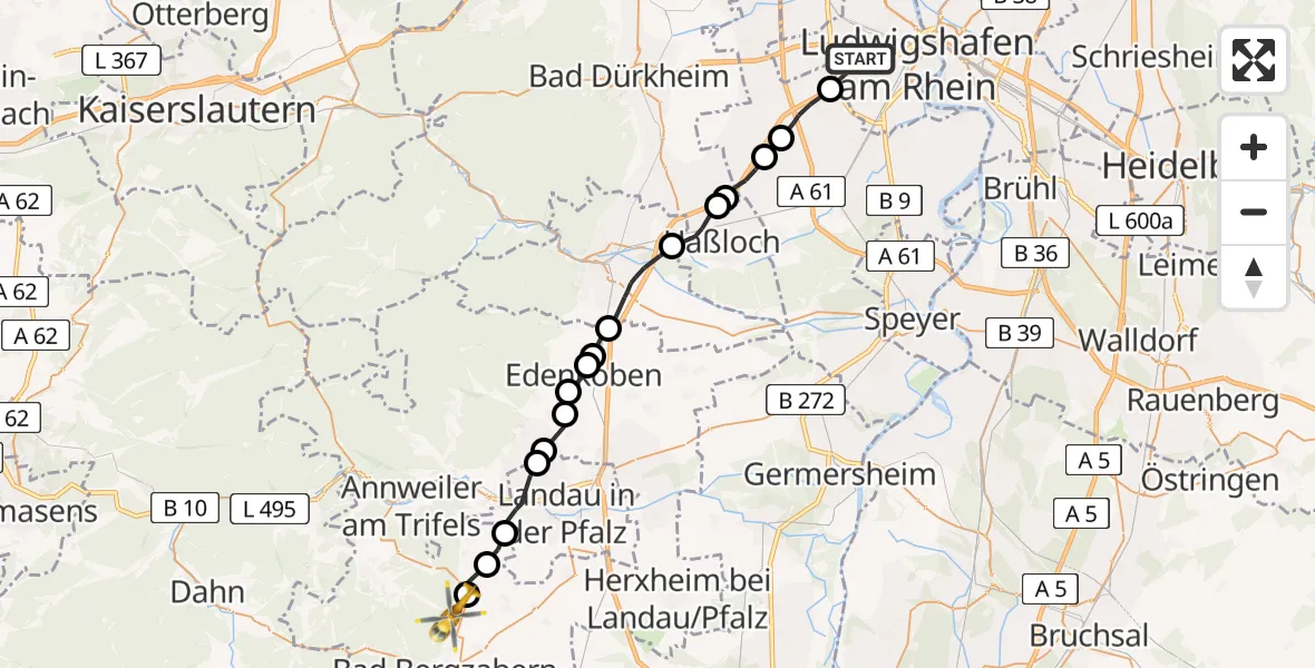 Flugroute Rettungshubschrauber Ludwigshafen am Rhein - Klingenmünster, 17 Mai 2026, 14:12