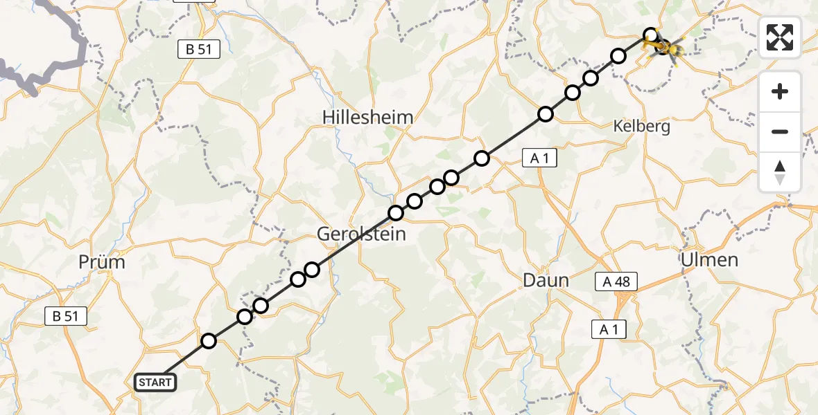 Flugroute Ambulanzhubschrauber Schönecken - Nürburgring Hubschrauberlandeplatz, 17 Mai 2026, 14:17