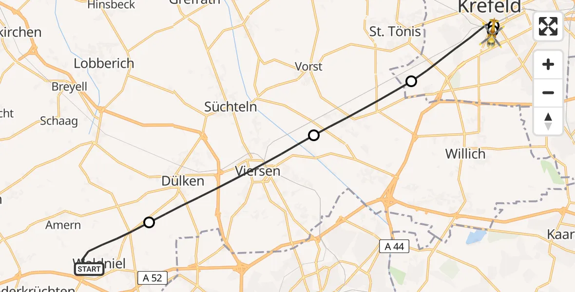 Flugroute Rettungshubschrauber Schwalmtal - Helios Clinic Krefeld, 17 Mai 2026, 14:22