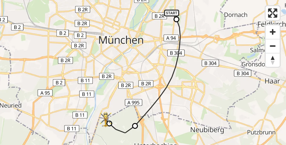 Flugroute Rettungshubschrauber München Bogenhausen Hospital - ADAC Air Rescue Center Hubschrauberlandeplatz (Christoph 1), 17 Mai 2026, 14:29
