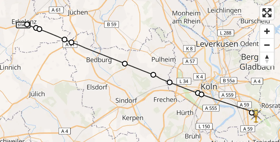Flugroute Rettungshubschrauber Hermann-Josef Hospital Erkelenz - Köln Bonn Flughafen, 17 Mai 2026, 14:29
