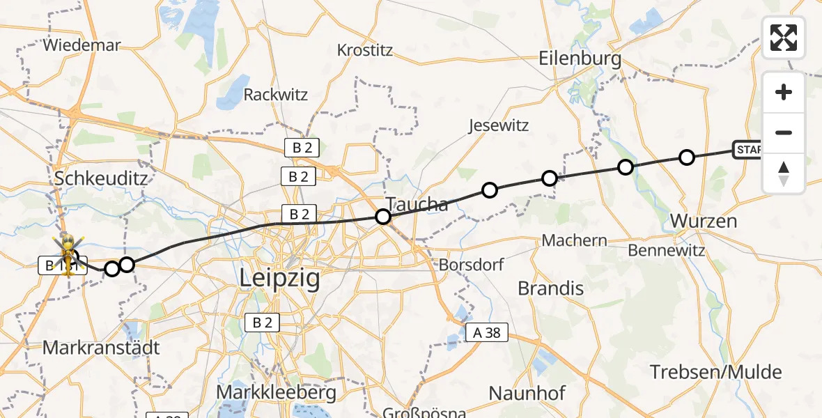 Flugroute Rettungshubschrauber Lossatal - ADAC Air Rescue Station Leipzig/Schkeuditz-Dölzig Hubschrauberlandeplatz (Christoph 61), 17 Mai 2026, 14:36