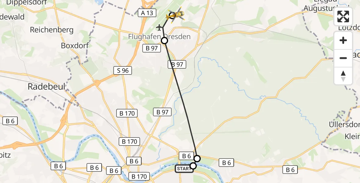 Flugroute Rettungshubschrauber Dresden University Hospital - Dresden Bundespolizei Hubschrauberlandeplatz, 17 Mai 2026, 14:40