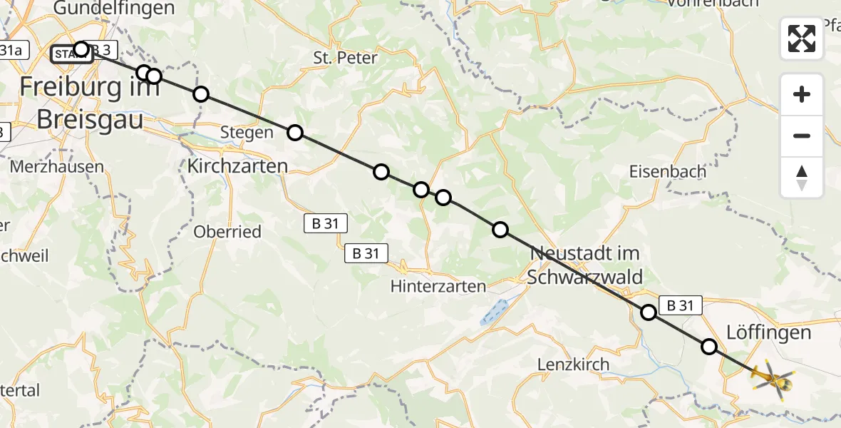 Flugroute Rettungshubschrauber Freiburg im Breisgau Flugplatz - Löffingen, 17 Mai 2026, 14:46