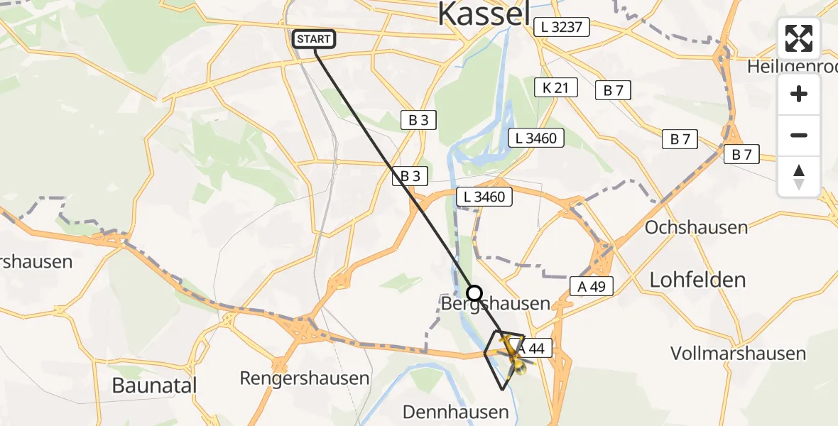 Flugroute Rettungshubschrauber Kassel - Fuldabrück, 17 Mai 2026, 14:47