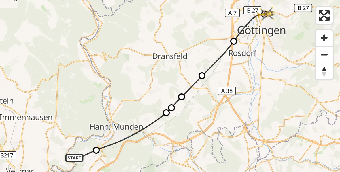 Flugroute Rettungshubschrauber Staufenberg - Göttingen University Clinic Hubschrauberlandeplatz, 17 Mai 2026, 14:48