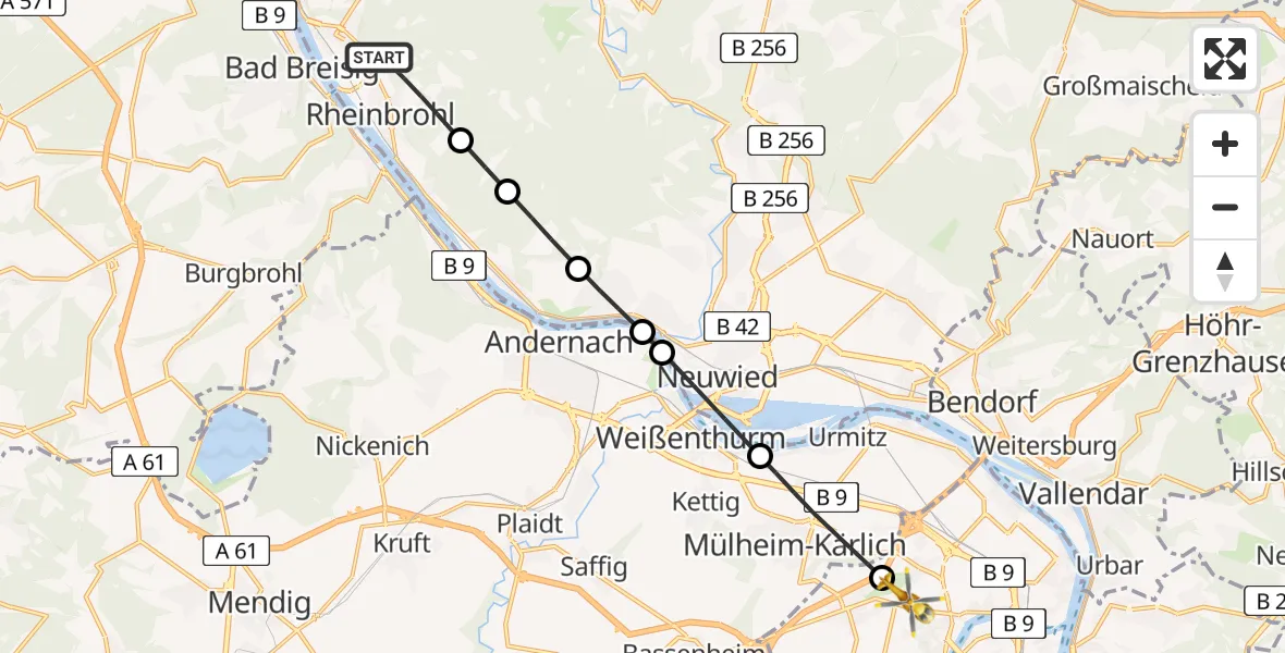Flugroute Rettungshubschrauber Rheinbrohl - Koblenz, 17 Mai 2026, 14:48