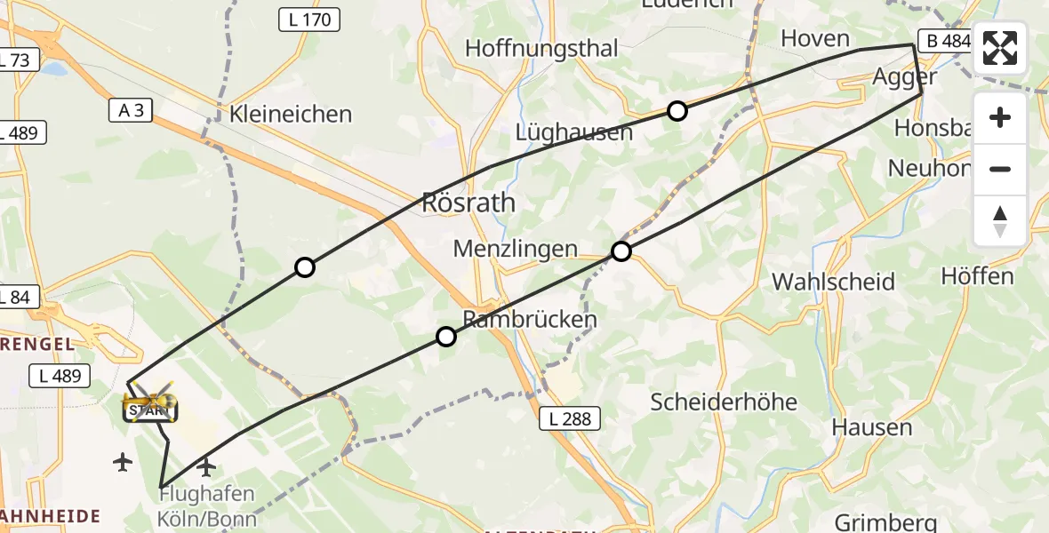 Flugroute Rettungshubschrauber Köln Bonn Flughafen - Köln Bonn Flughafen, 17 Mai 2026, 14:50